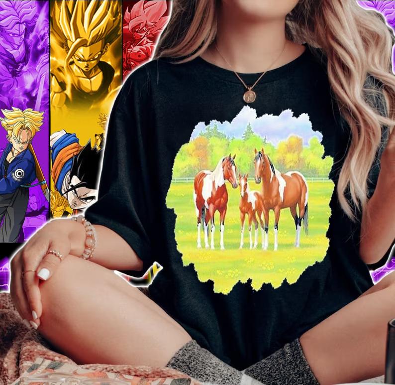 Brown Pinto Bay Paint Horses In Summer Pasture T-Shirt t-shirt woman shirt