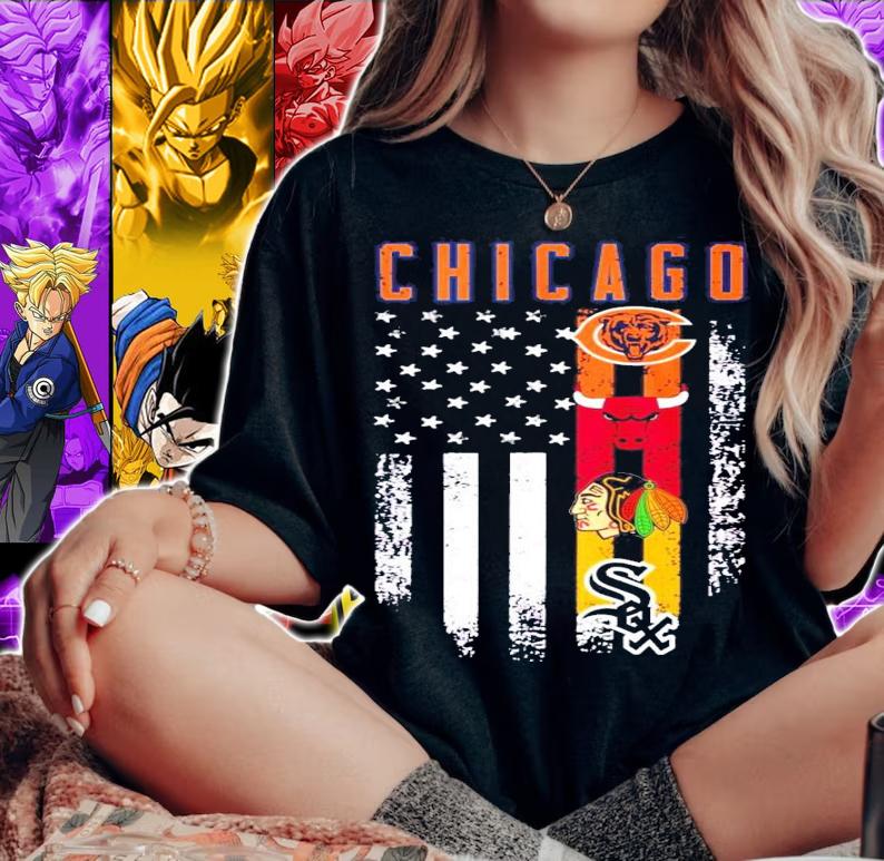 Chicago Bears Bulls Blackhawks White Sox American flag shirt t-shirt