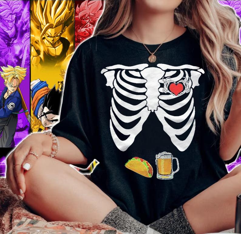 Skeleton Hand Heart Sign Halloween Beer Taco Pregnancy Men Shirt t-shirt woman shirt