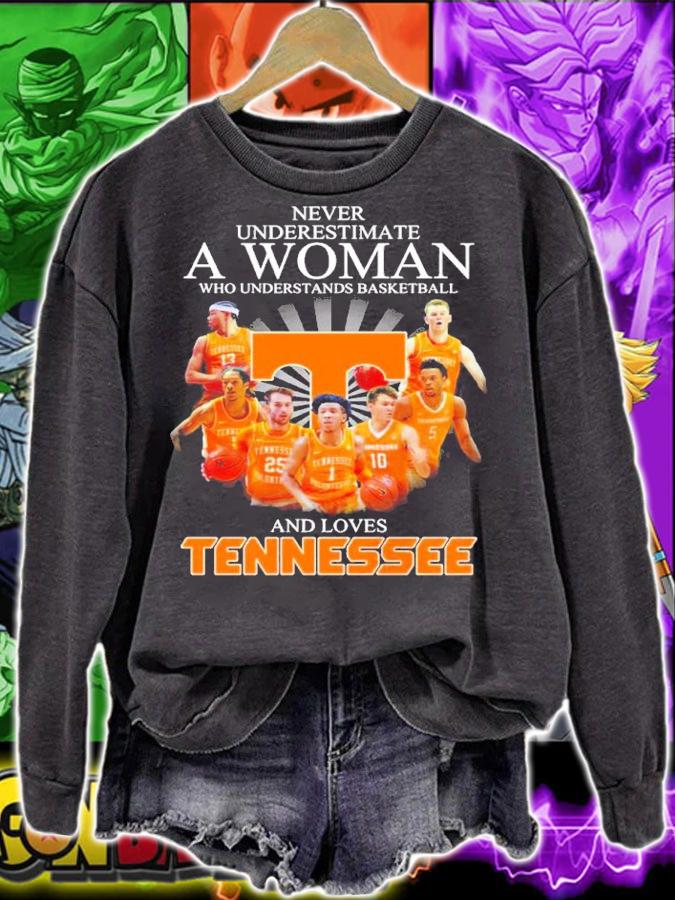 Never Underestimate A Woman Who Understands Basketball And Loves Tennessee Volunteers Signatures Shirt sweatshirt