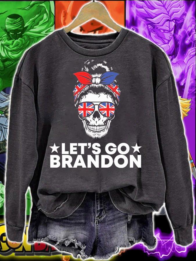 Let's Go Brandon White Skull Messy Bun Sunglasses USA Flag T-Shirt