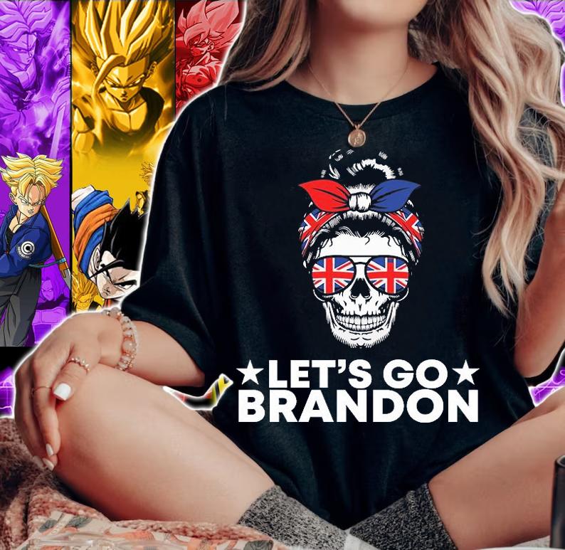 Let's Go Brandon White Skull Messy Bun Sunglasses USA Flag T-Shirt