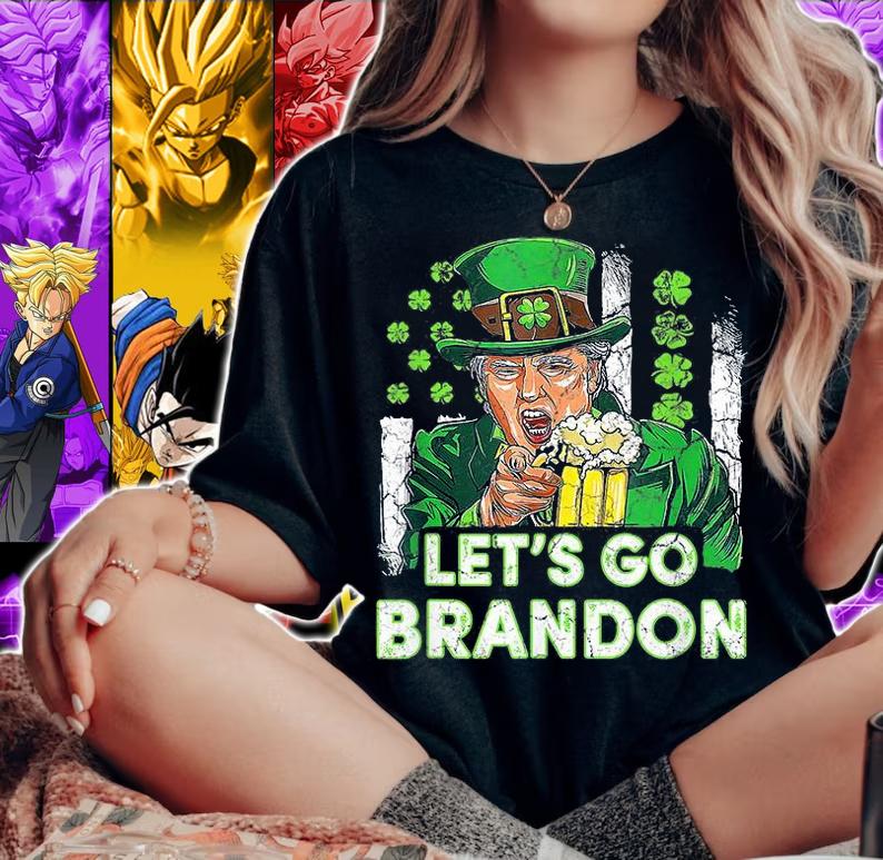 Lets Go Brandon St Patrick's Day Trump Beer And America Flag T-Shirt