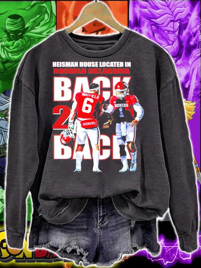 Heisman house located in Norman Oklahoma back 2 back shirt sweatshirt