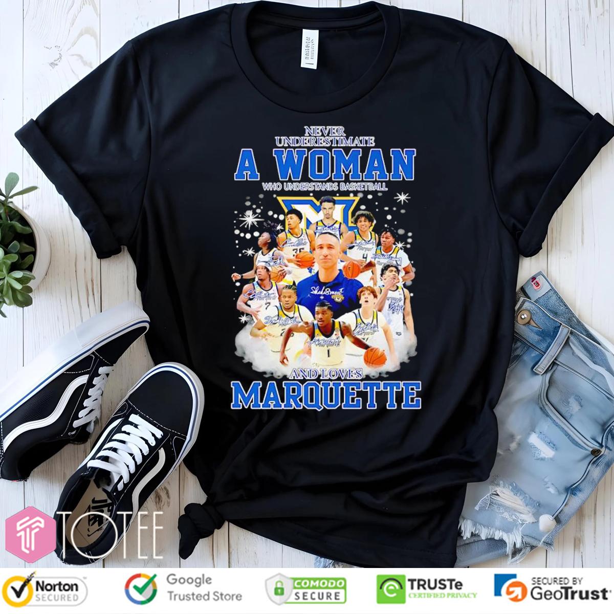 Never Underestimate A Woman Who Loves Marquette Basketball Coach & Players T-Shirt